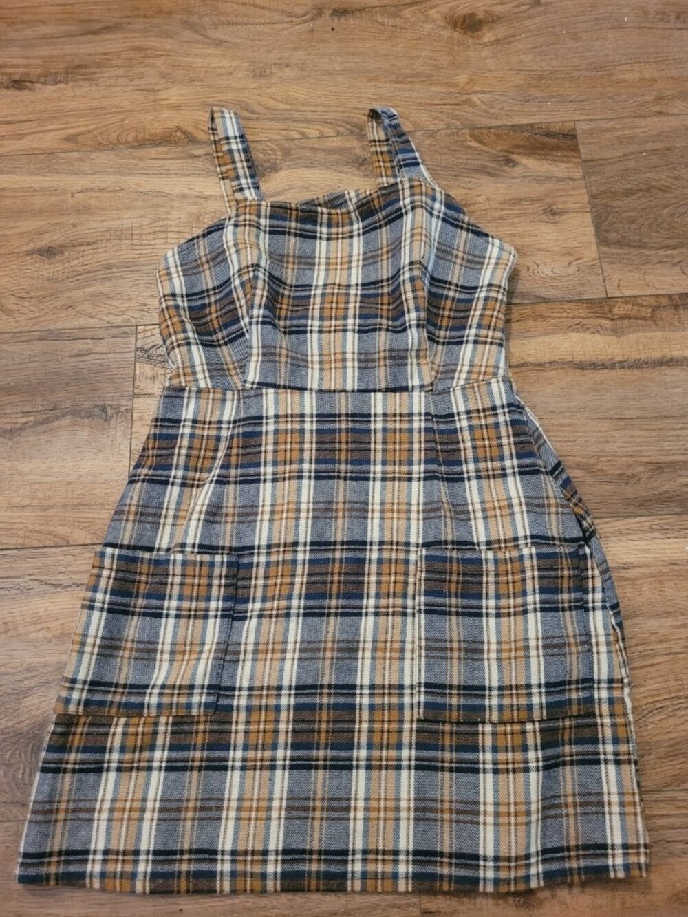 American Eagle Plaid Dress Women Size S Brown Blue Check Pinafore Pockets 2605